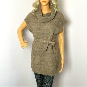 Berretti Sweater Tunic Cowl Neck Sleeveless Tie Waist Tan M
